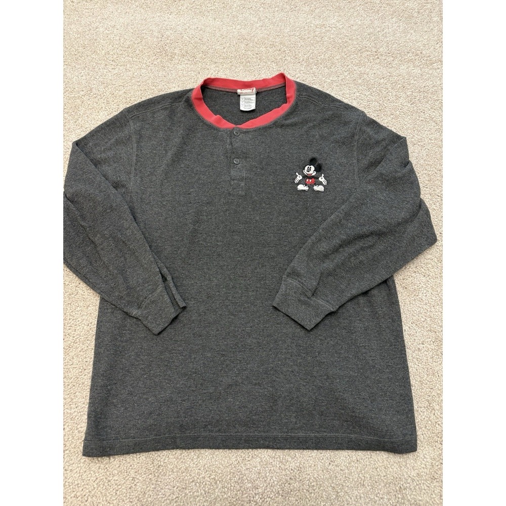 VTG 90s Y2K Mickey Mouse Disney Henley Long Sleeve Shirt Size Large Gray